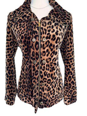 Jones New York Leopard Print Jacket L Zip Front Animal Print Coat Gold Hardware